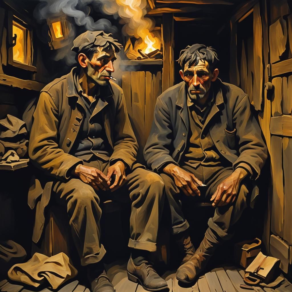 Nomadic Travelers in Smoke-Filled Cabin, Cubist Realism
