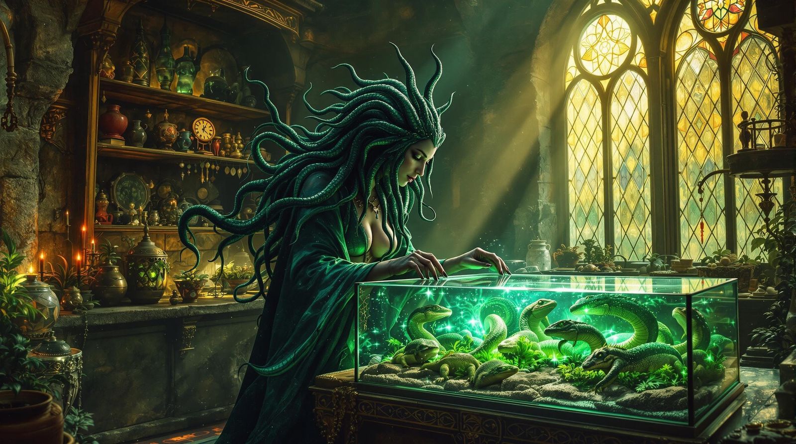Majestic Medusa Tends to Glowing Reptiles in a Hypereal Myst...