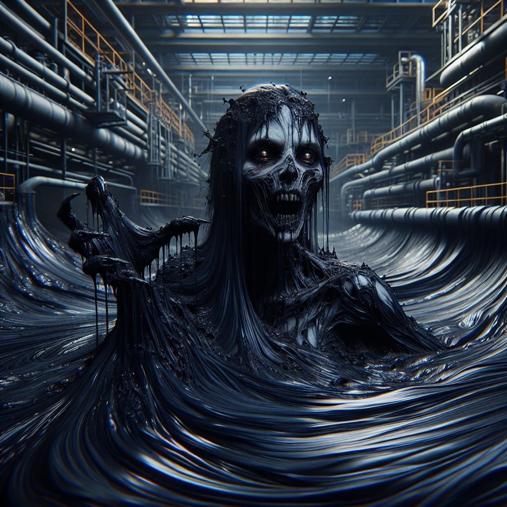 Frightening Woman Emerges from Tar Pool in Chemical Factory