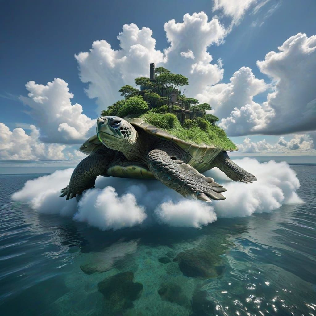 Island Turtle Surfs on a Sea of Whispy Clouds