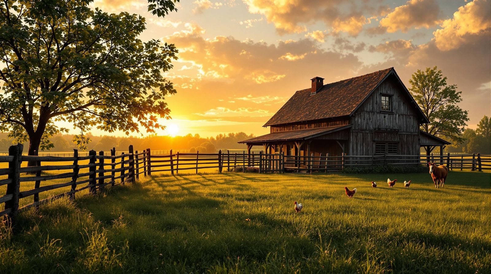 Old Farm House with Hens and a Pony