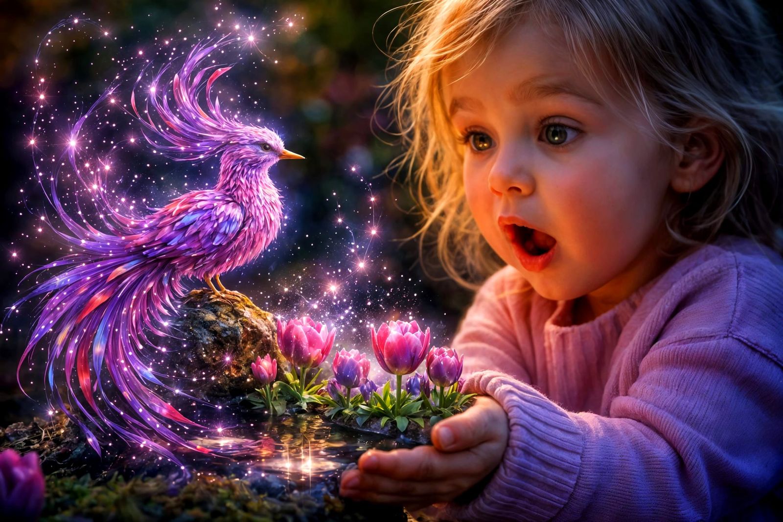 Toddler's Hand Reveals Magical Bird Garden