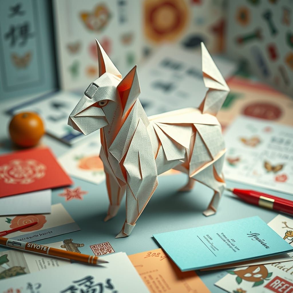 Origami Dog Surrounded by Stationery
