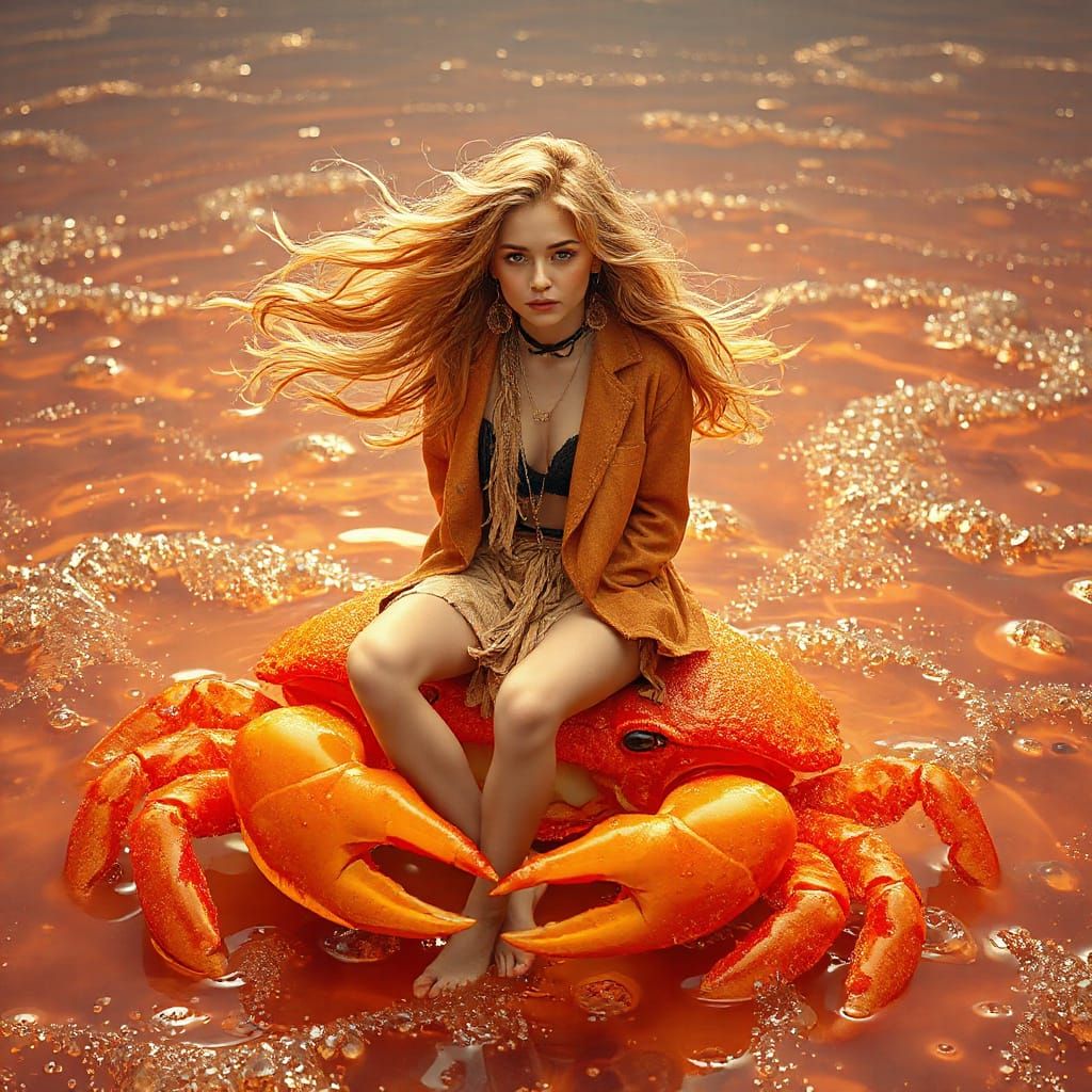 Golden Haired Woman on Gummy Crab in Soda Sea