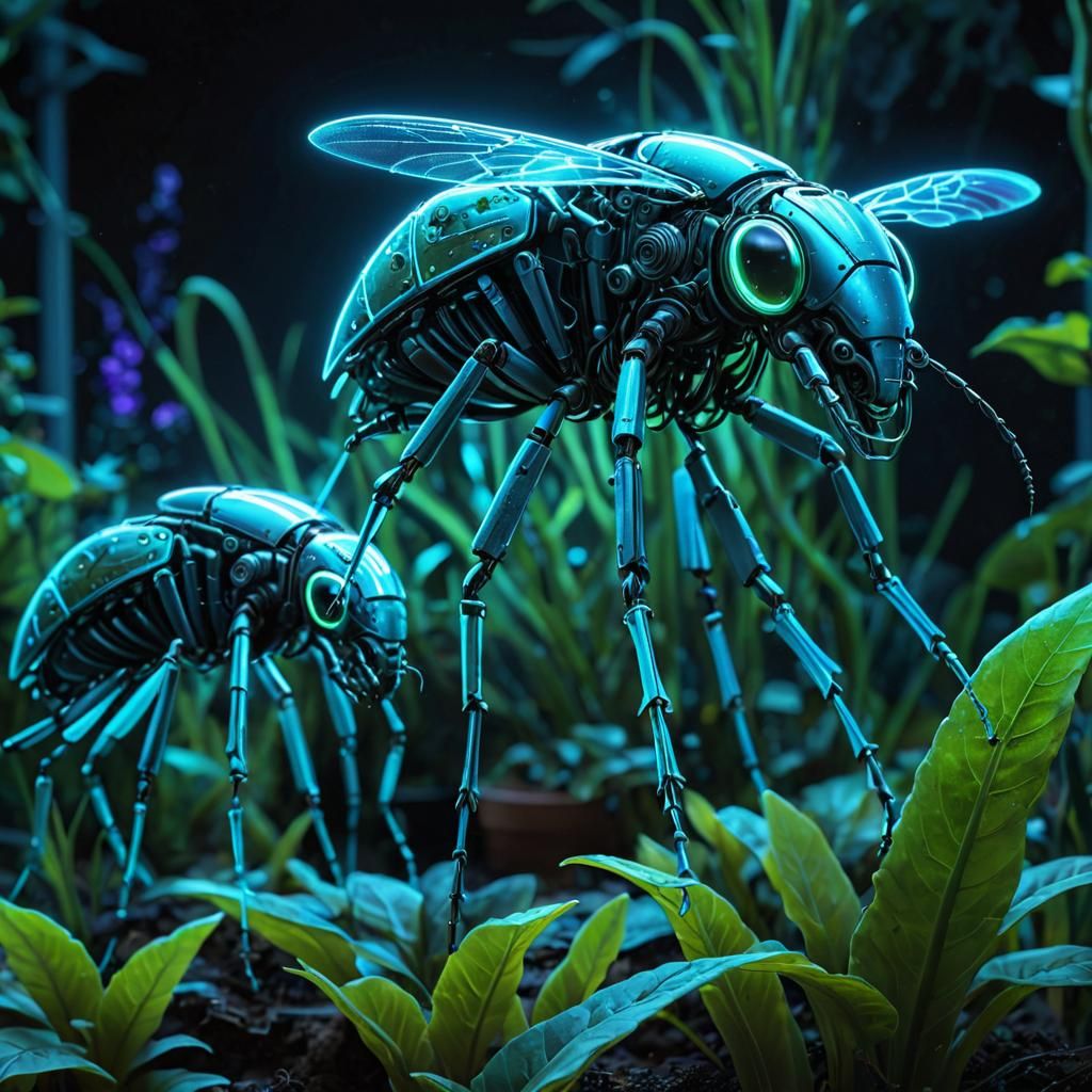 Bioluminescent AI Garden with Robotic Insects