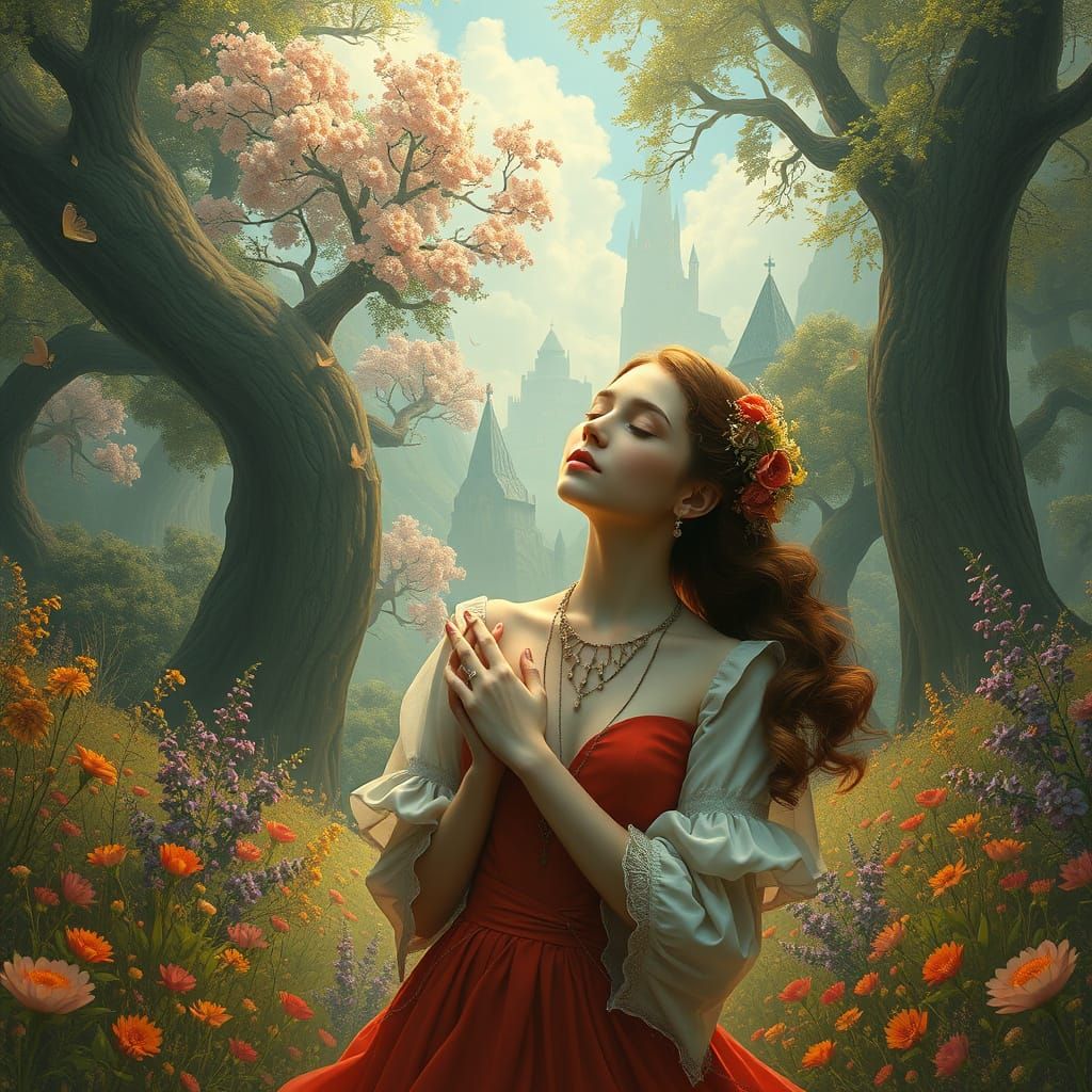 Devoted Woman in Lush, Dreamy World: Romantic Surrealism