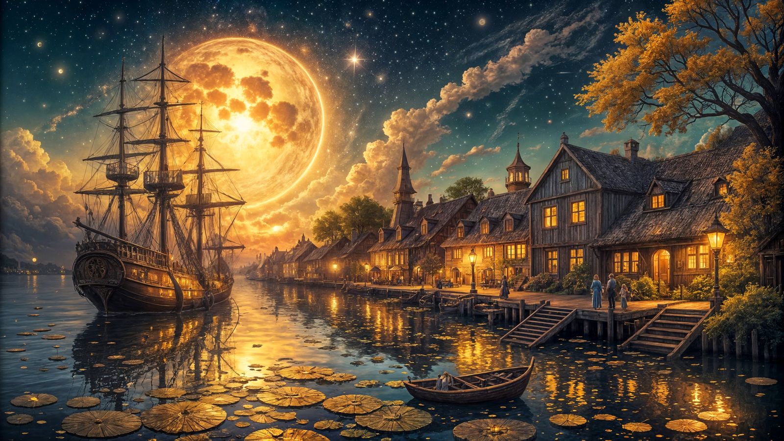 Fantasy Harbor Town Under Golden Moon