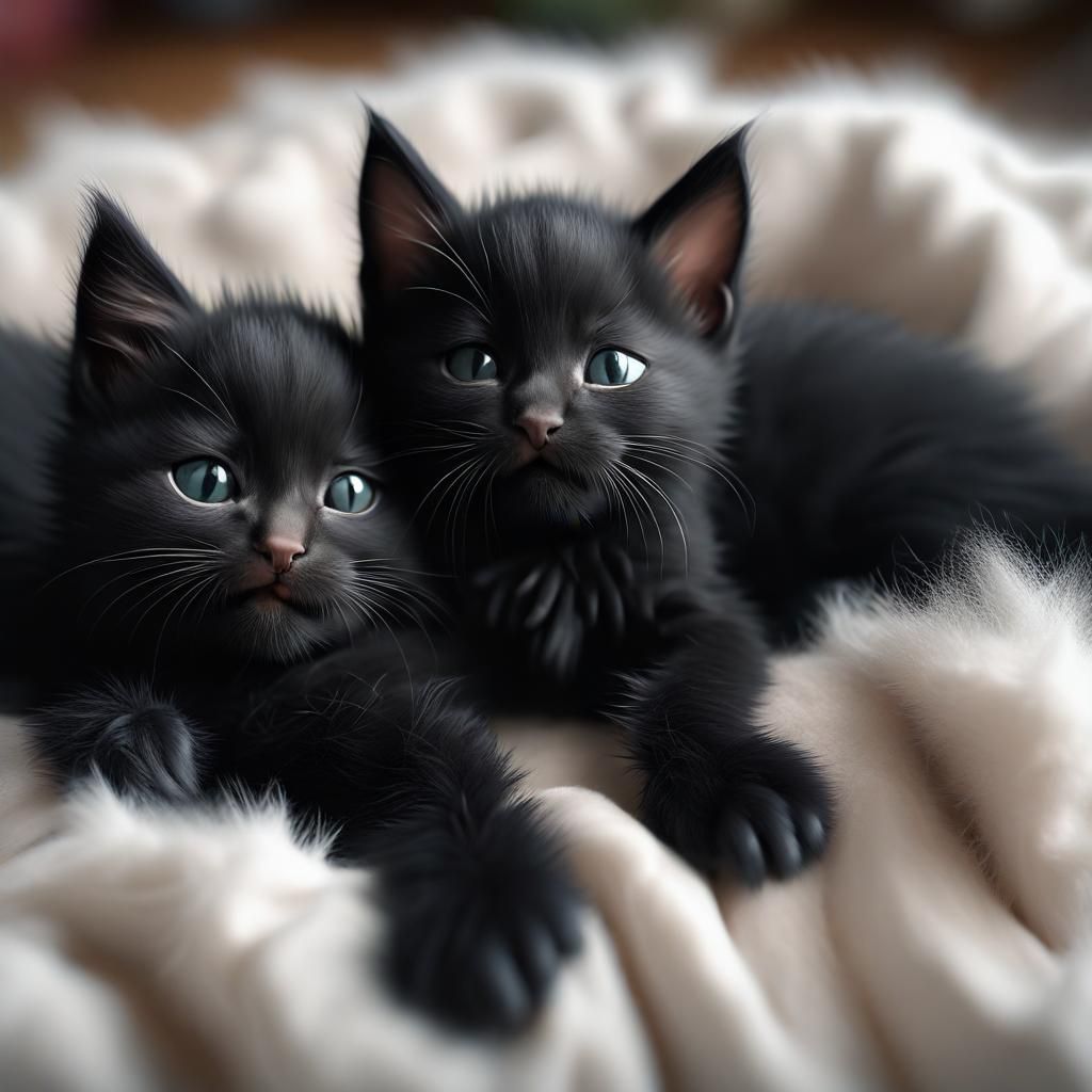 Cute Black Kittens Cuddle Pile: Photorealistic Painting