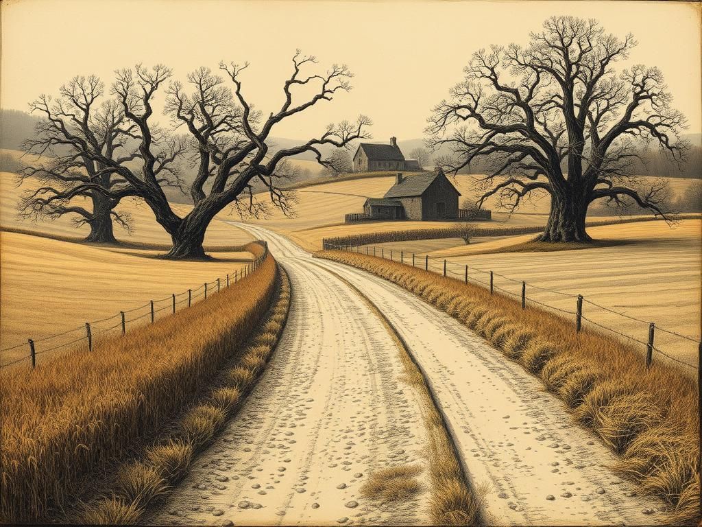 Rustic Landscape Etching: Serene Dirt Road to Weathered Farm...