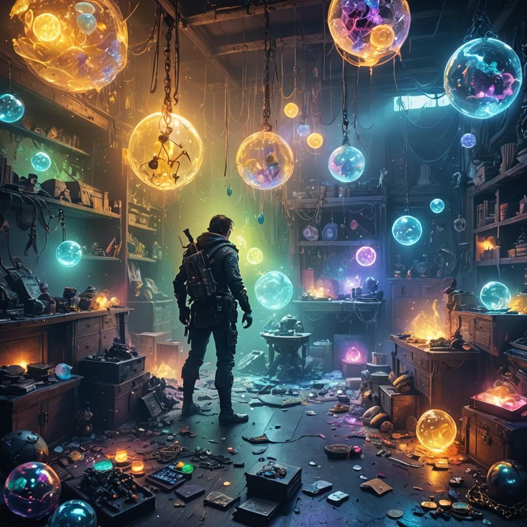 Adventurer Surrounded by RPG Loot in Neon Ink Splatter Art