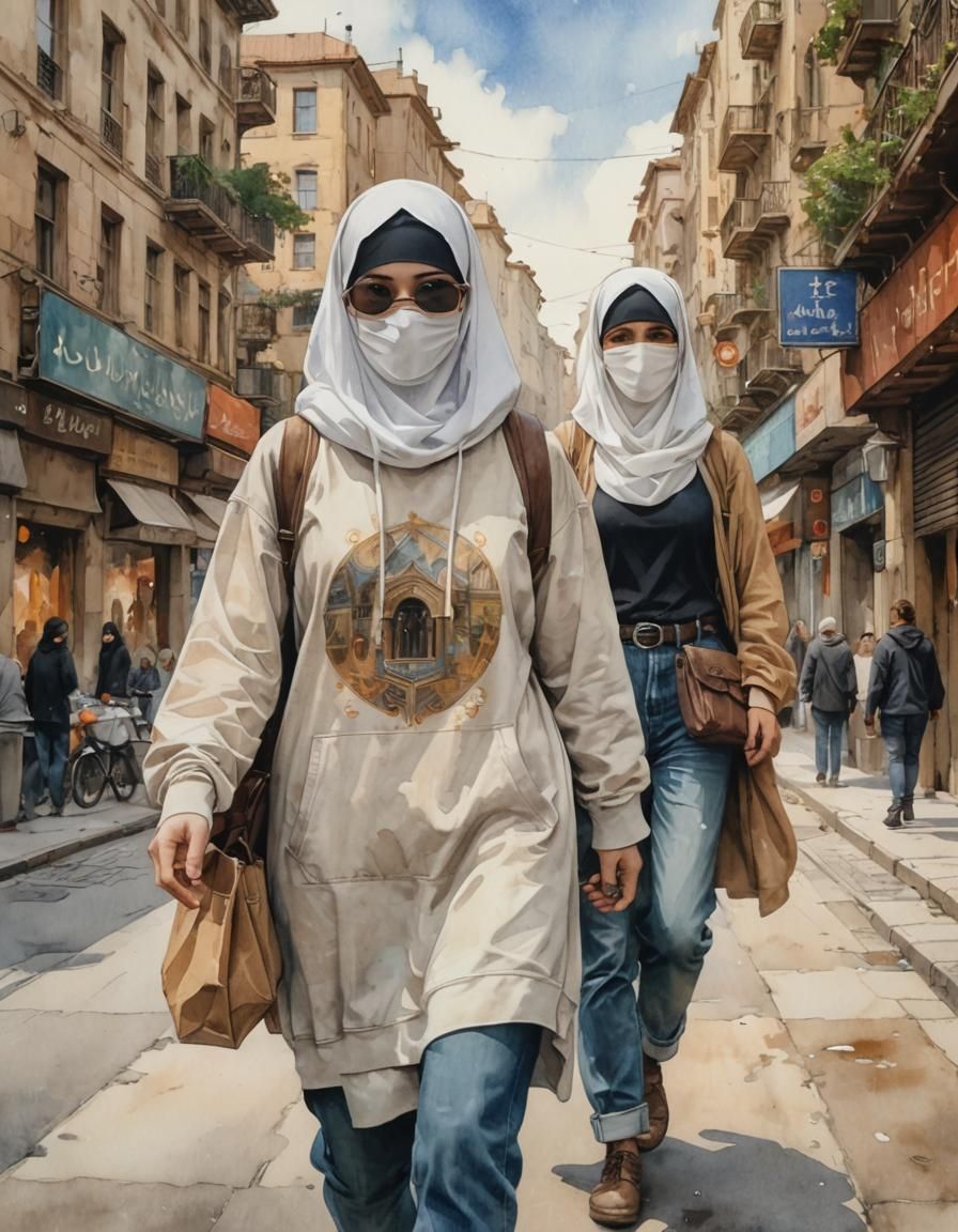 Niqabi Women in City, Watercolor Painting
