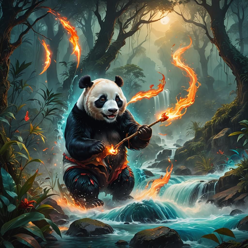 Fiery Panda in Jungle, Fauvist Matte Painting
