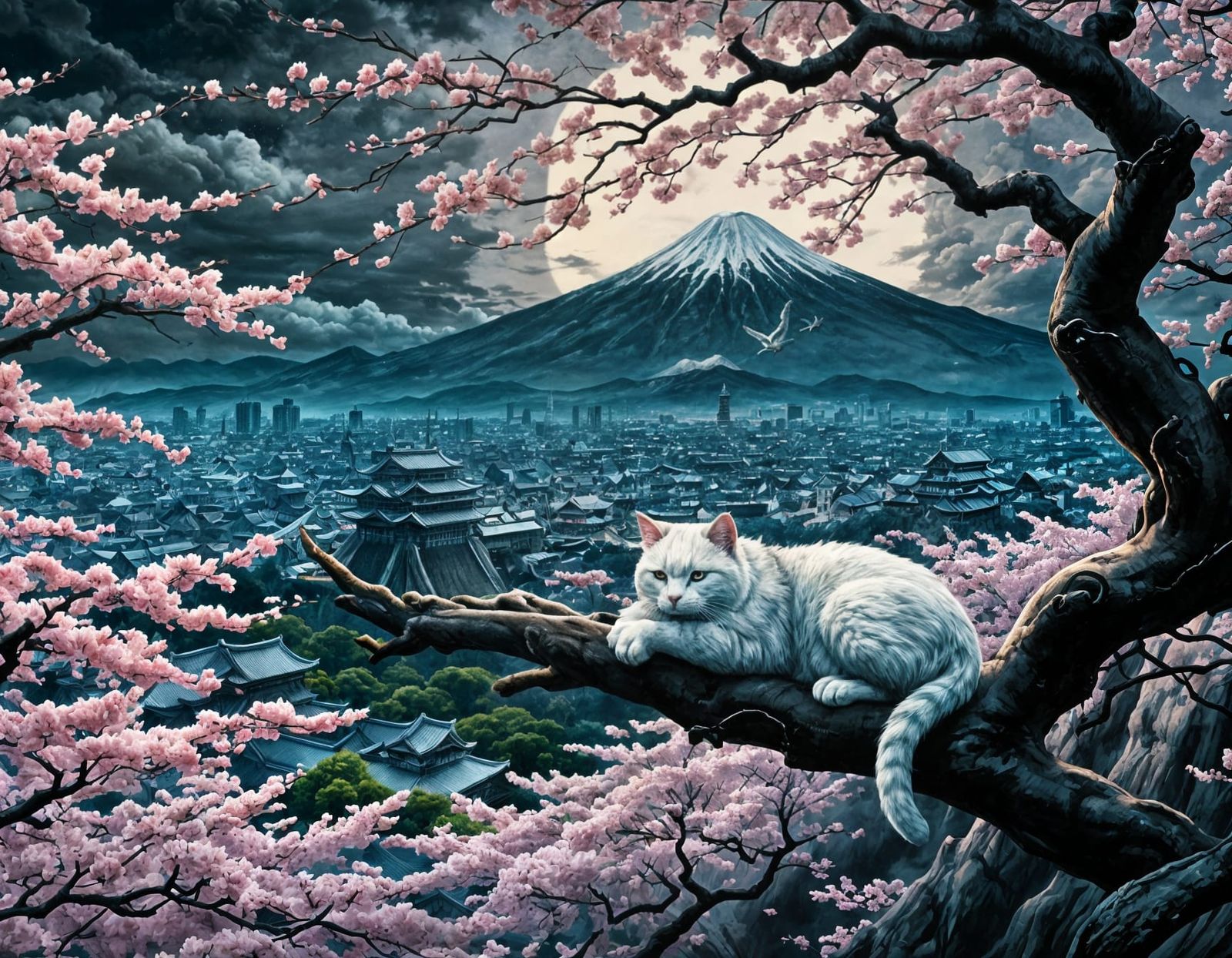 Ancient Cat Yokai Dream under Stormy Fuji