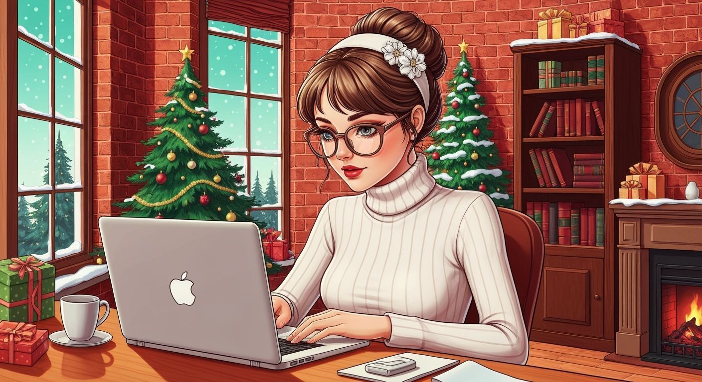 Victorian Vintage Lady Working on Laptop in Snowy Room
