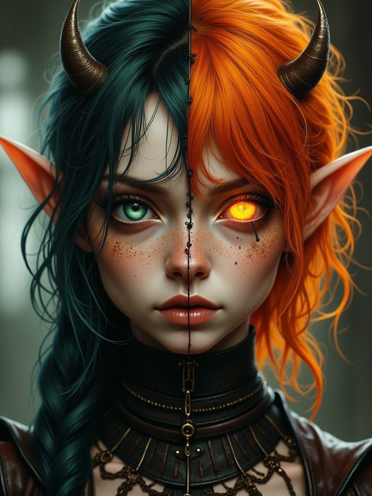 Fantasy Portrait of a Half-Elf and Half-Demon Lady