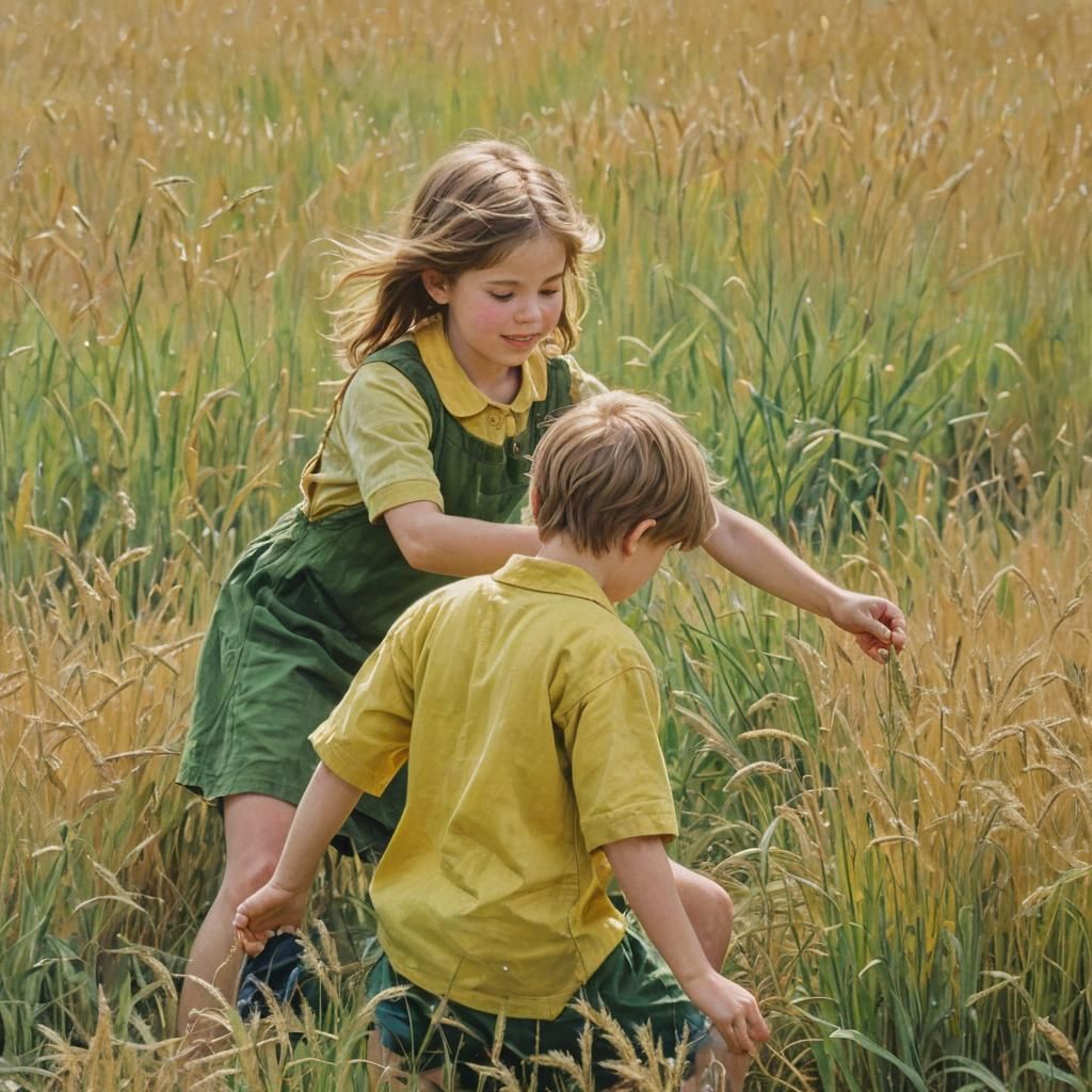 Children Playing in Wheat Field as Impressionist Painting