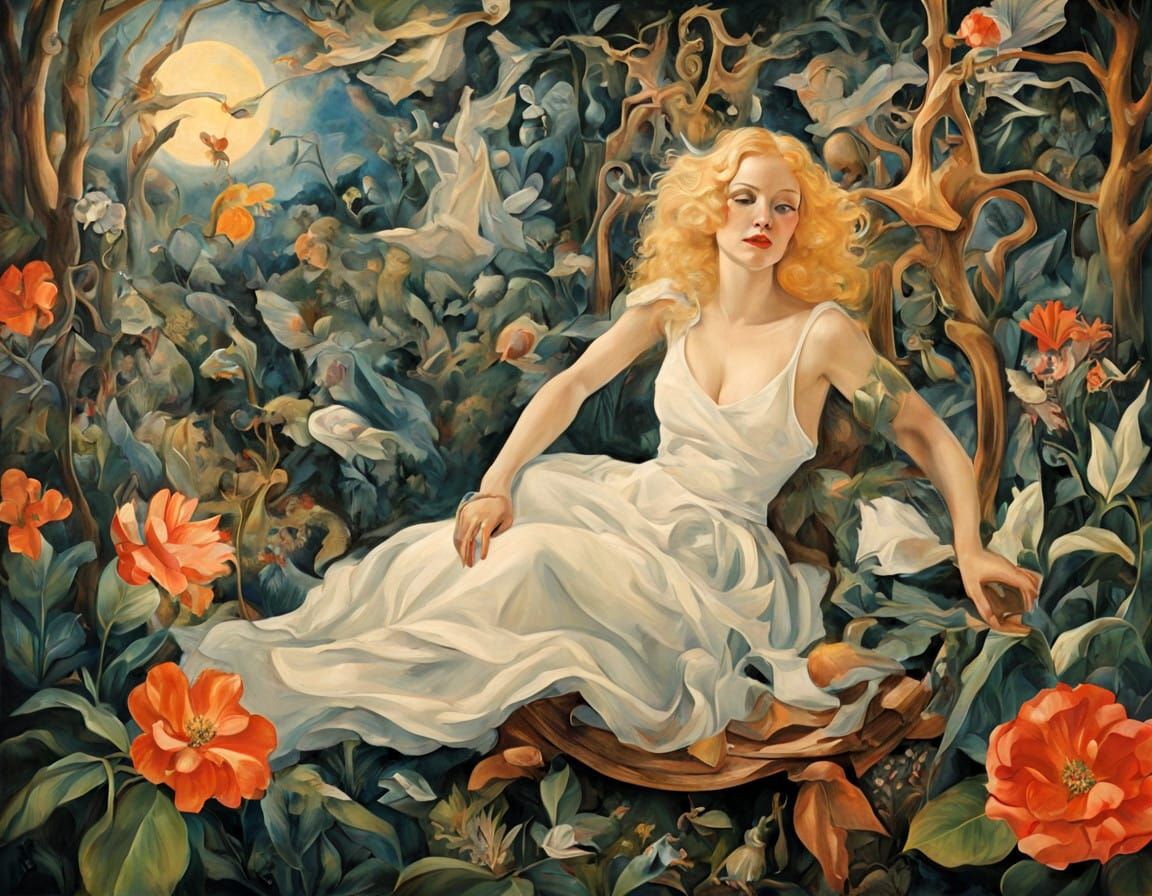 Dreamlike Garden Scene with Whimsical Woman and Fireflies