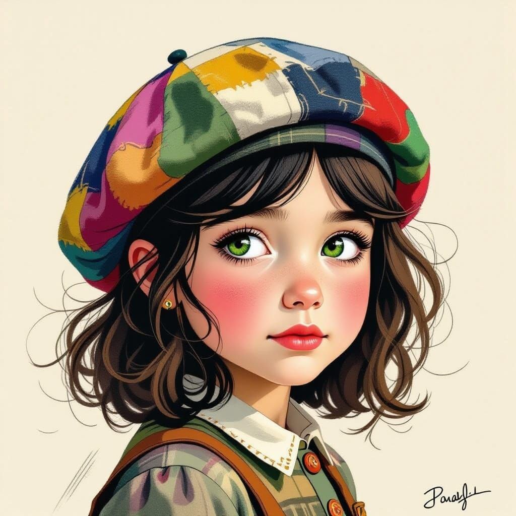 Girl in a Whimsical Beret, Impressionist-Inspired Portrait