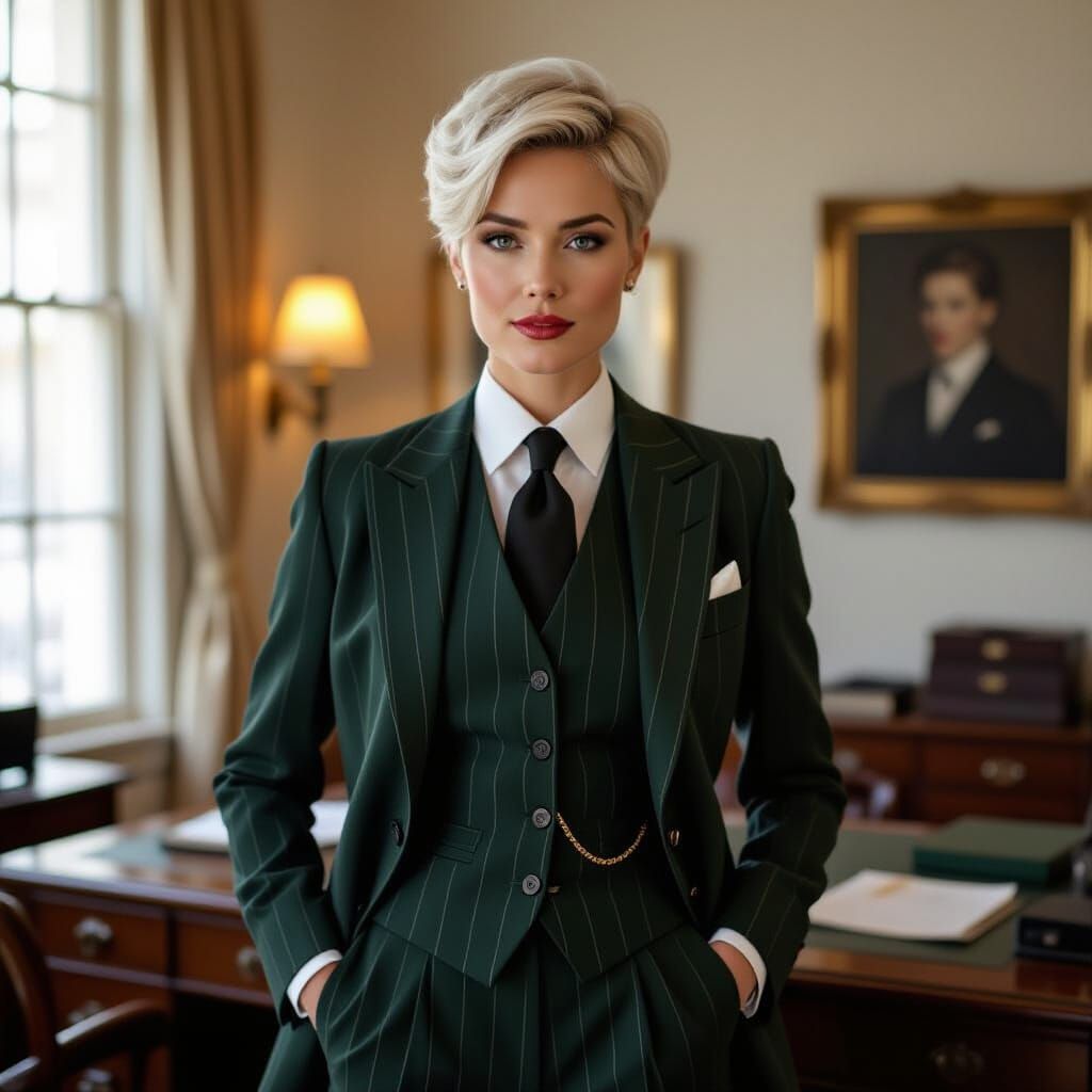 Woman in British Racing Green Suit at Savile Row Tailor