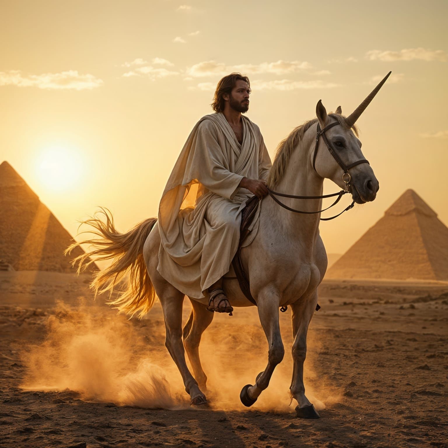 Jesus Christ on Unicorn Amidst Ancient Egyptian Pyramids