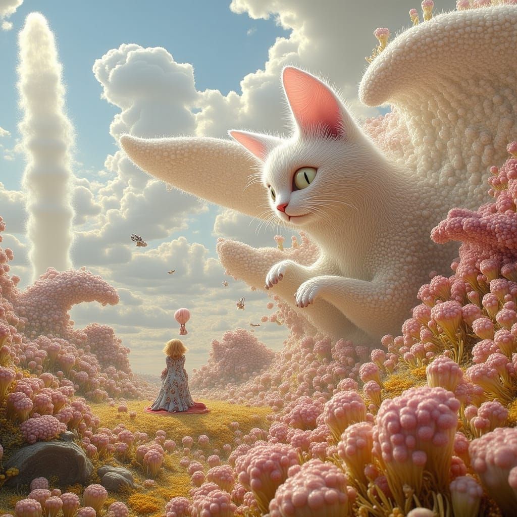 Winged Cat Soaring Over a Flower Field