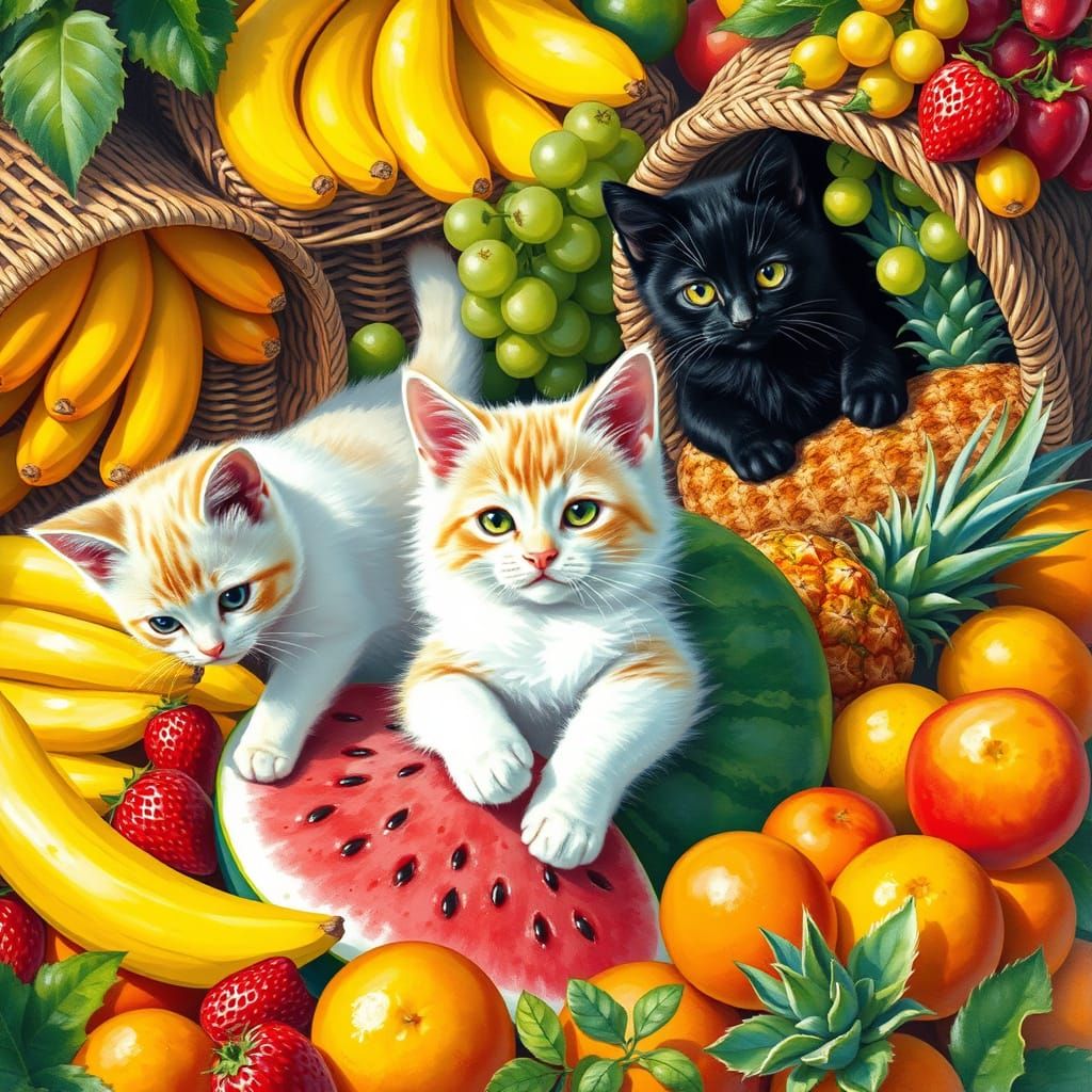 Frolicking Cats in a Vibrant Summer Fruit Paradise
