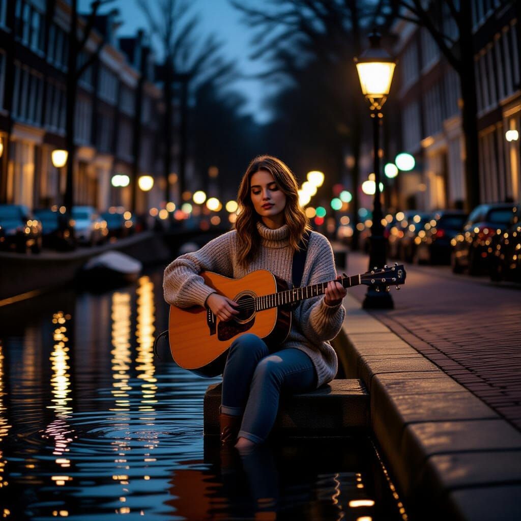 Woman Plays Guitar by City Canal at Night