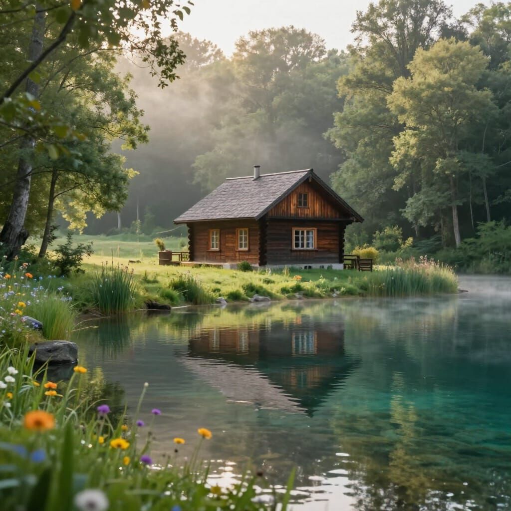 Cozy Lakeside House in Serene Morning Light