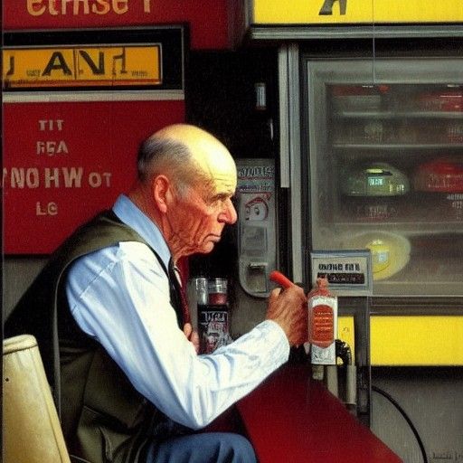 Confused Man at Gas Station in Rockwell Style