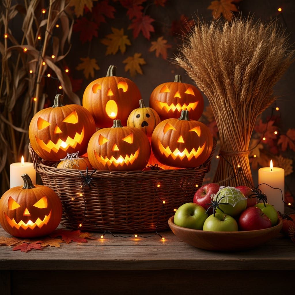 Halloween Harvest: Carved Pumpkins and Gourds on Table