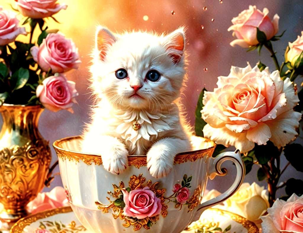 Kitten in Teacup with Roses: Hyperrealistic Detail