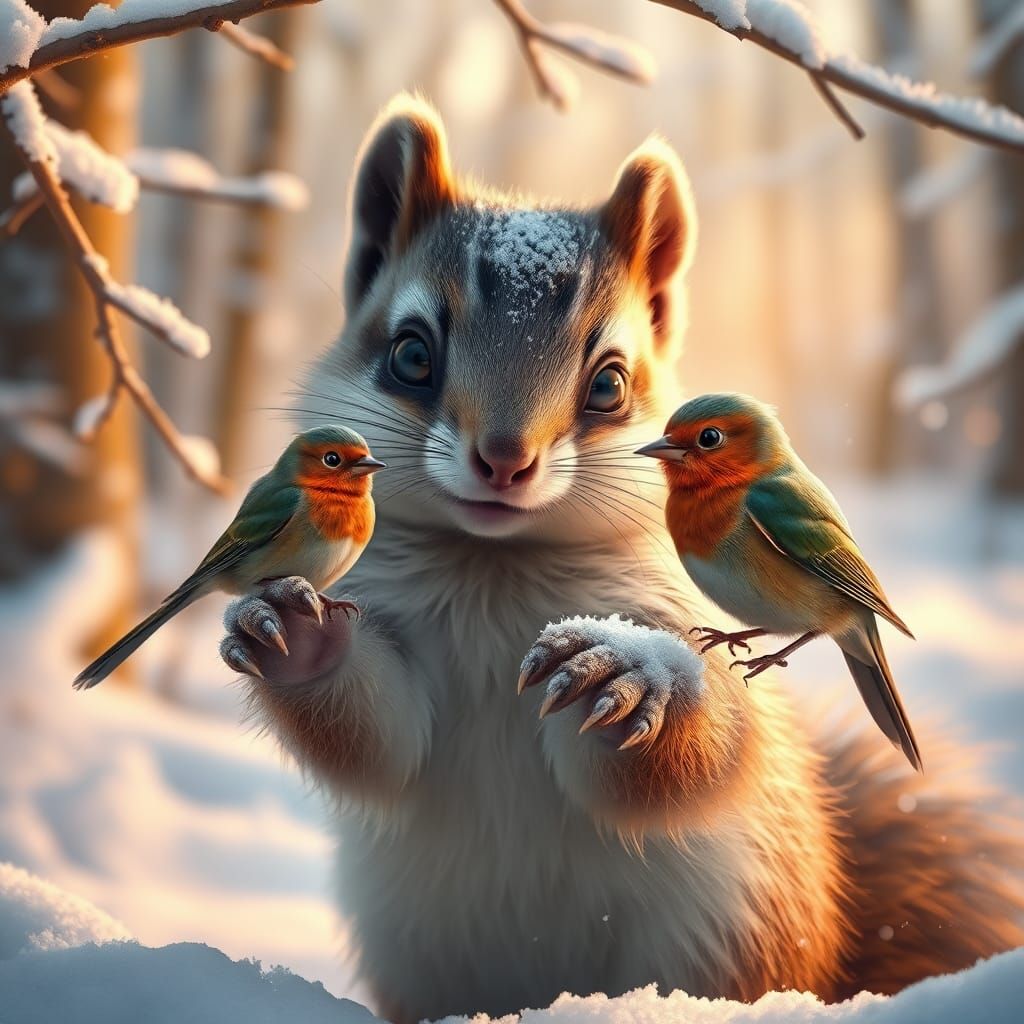 Squirrel and Bird in Snowy Forest: Digital Painting