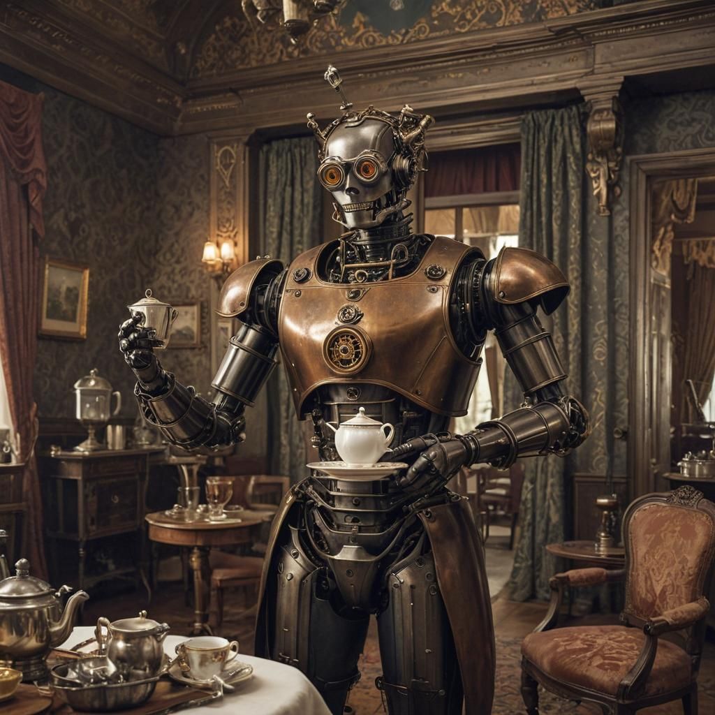 Steampunk Robot Butler Serves Tea in Victorian Parlor
