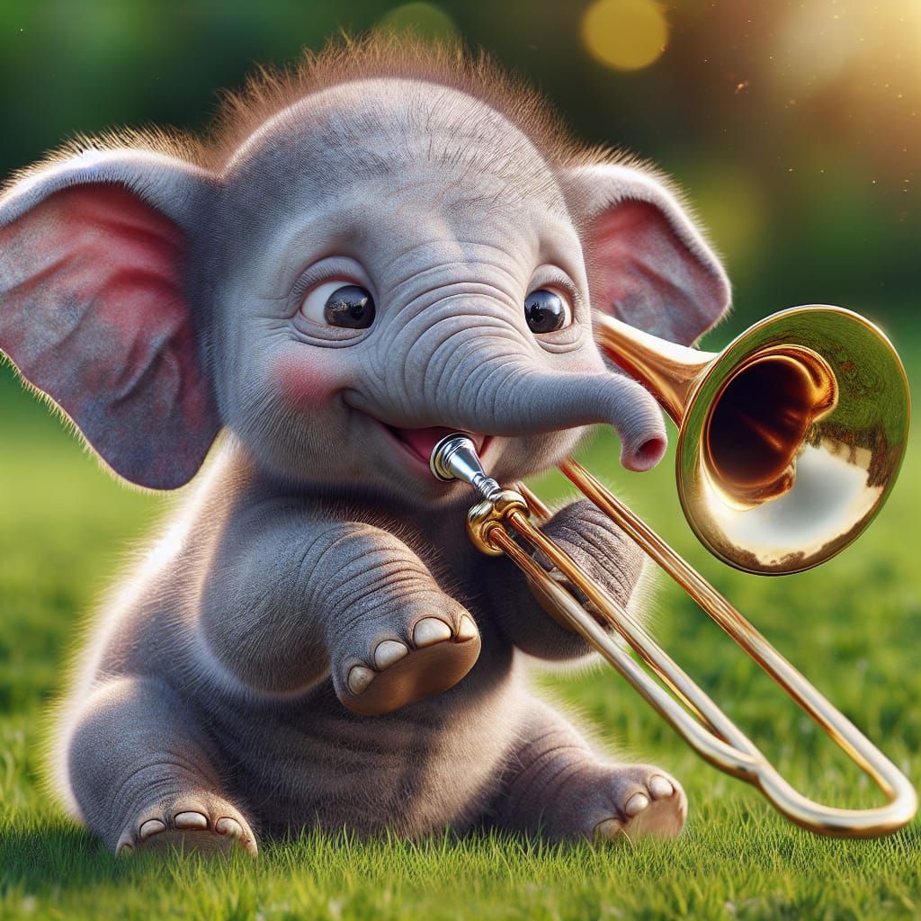 Cute Baby Elephant Plays Jazz Trombone