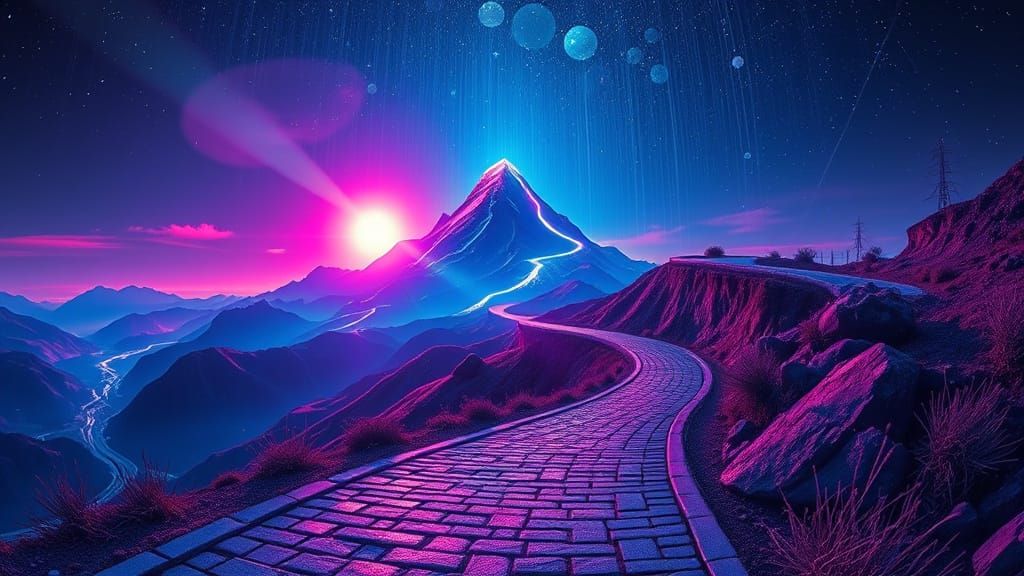 Bioluminescent Mountain with Spiraling Road in Neon-Noir Sty...