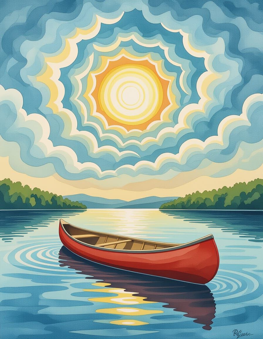 Surreal Watercolor Canoes Drift Under Swirling Clouds