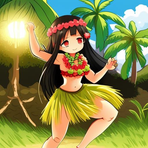 Hula Girl in Hawaiian Skirt Anime Style