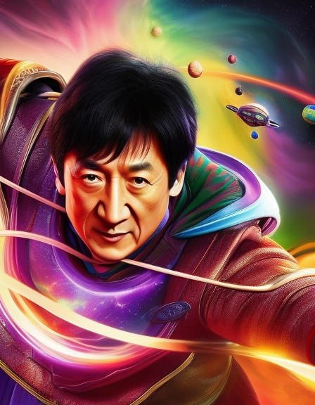 Whimsical colorful Jackie Chan, epic art, hyper realistic, 16k, unreal engine 5, vibrant, sunshine, elegant, ultra detai...