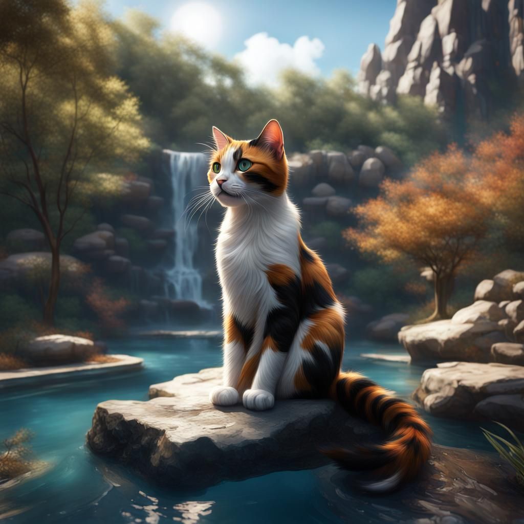 Calico Cat on a Rock, Fantasy Concept Art