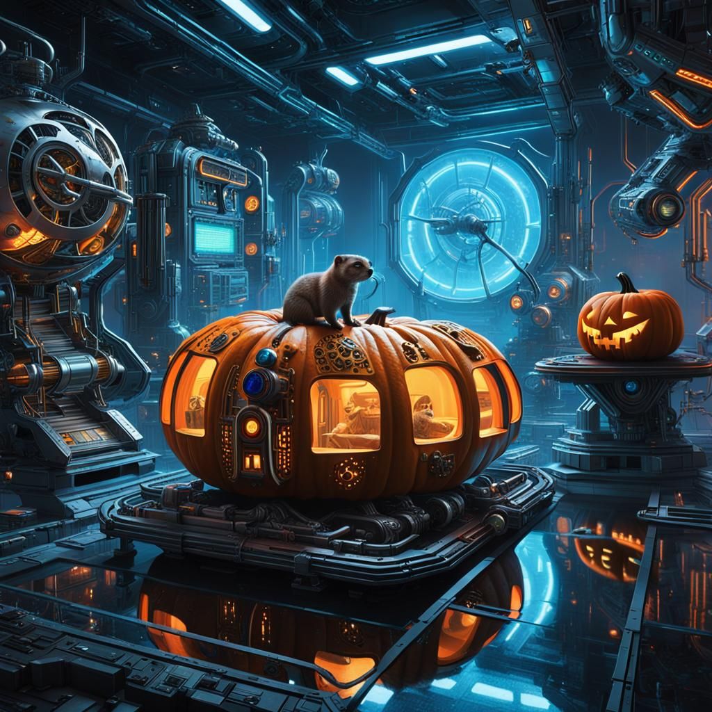 Futuristic Pumpkin Otter Inspects High-Tech Lab