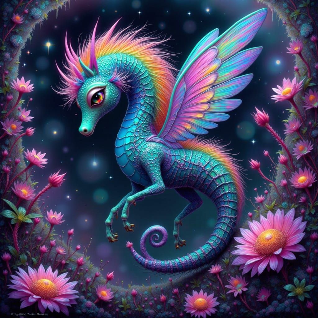 Iridescent Seahorse with Wings in Crystal Cave