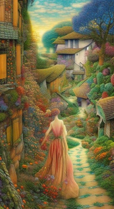 Charming Cottages with Gardens in Collage Art Style