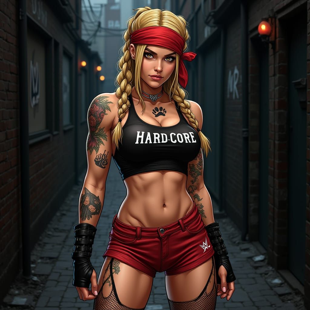 Strong Female Wrestler in Tribal Tattoos and Red Bandana