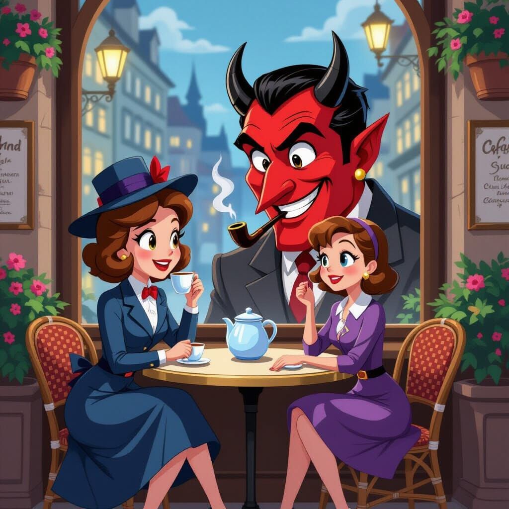 Cartoon Devil Sharkwoman Dancing in Cafe, Anime Style