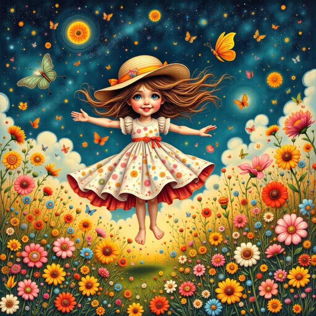 Girl Dancing with Butterflies in Folk-Art Style