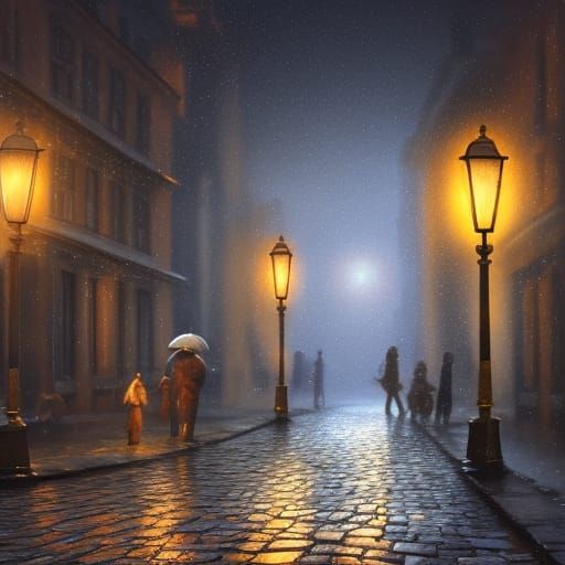 Rainy Night Walk on Cobblestone Street