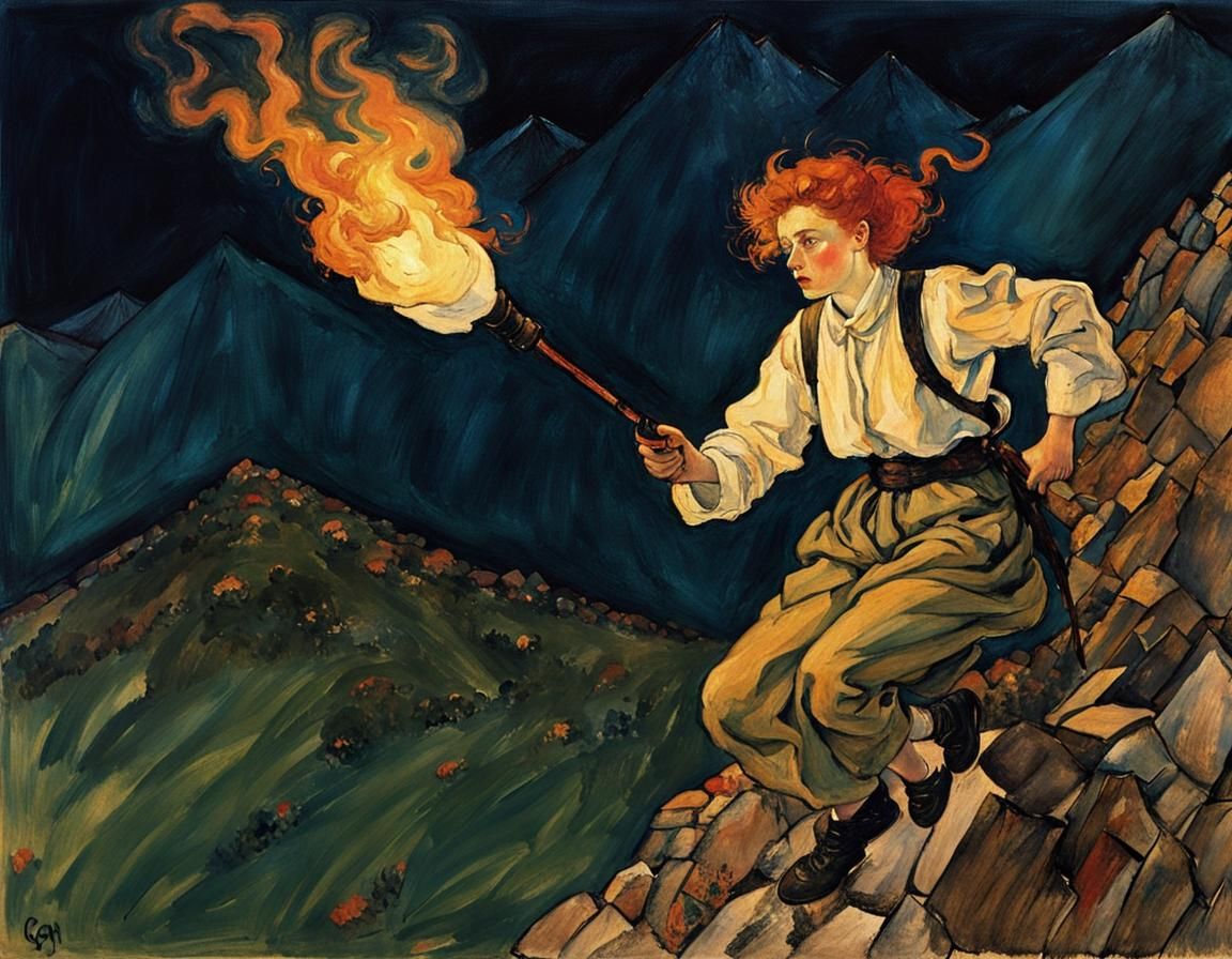 Redhead with Torch Flying Around Fiery Mountain, Expressioni...
