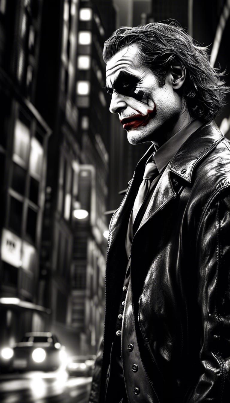 Joker in Gotham: Black and White Photorealistic Movie Still
