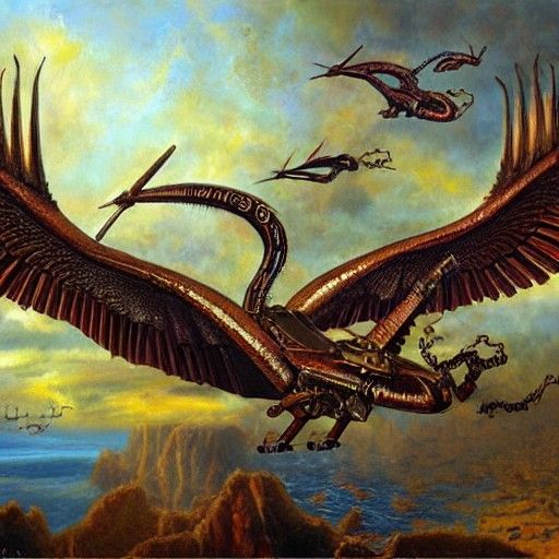 Steampunk Automaton Winged Serpent: Oil Painting