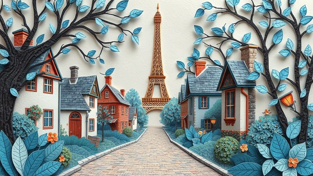 Eiffel Tower Village in 3D Paper Collage Art